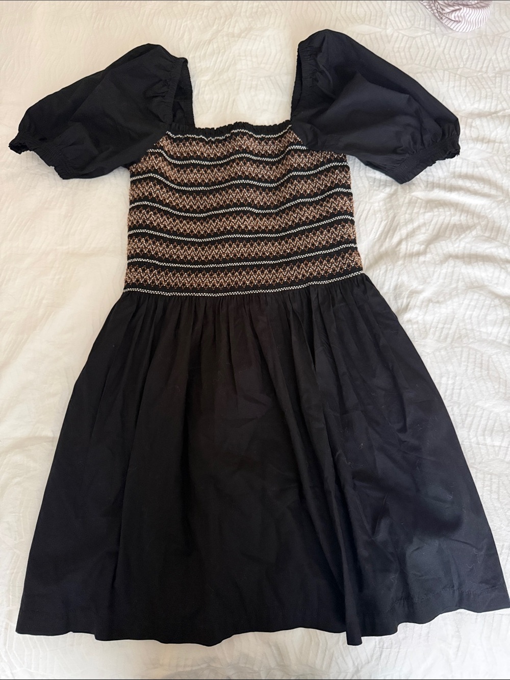 Madewell Black Smocked Mini Dress with Earth-Tone Detail